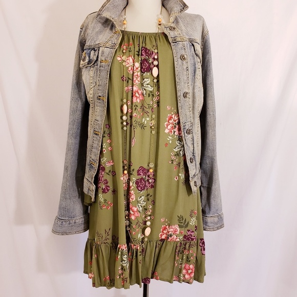 Dresses & Skirts - Olive Green Floral Dress with Ruffle Accents